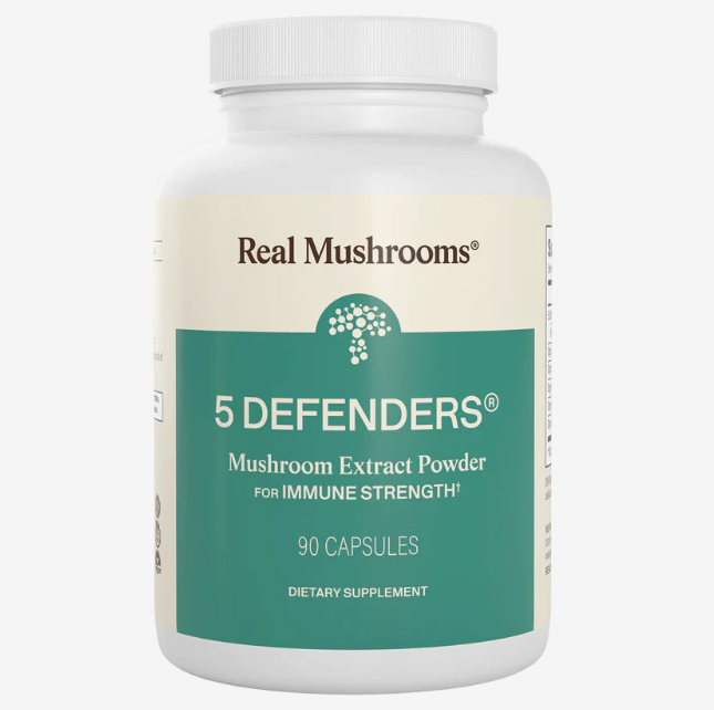 A white bottle labeled Real Mushrooms | 5 Defenders™ Organic Mushroom Blend Capsules for Humans - 90 Count features a teal and cream-colored label, emphasizing this potent mushroom complex that is expertly formulated to support immune health with high-quality functional mushrooms.