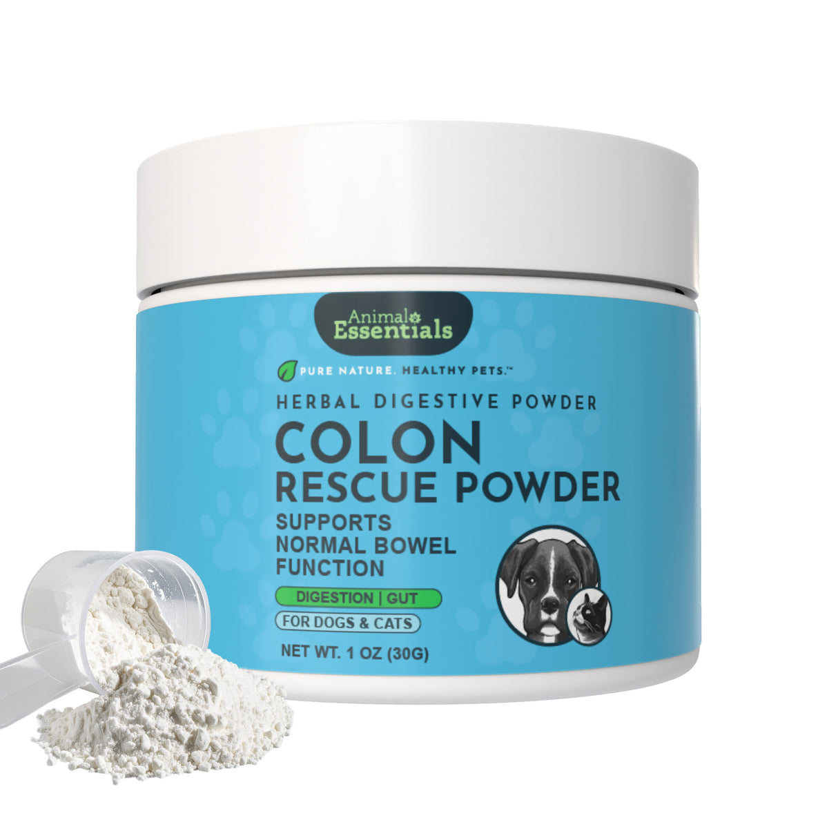 A container of Animal Essentials | Colon Rescue Herbal Digestion Powder - 1oz for dogs and cats, with a scoop of white powder beside it. The label indicates it is an herbal digestive powder designed to support normal bowel function, providing effective lower GI support to promote healthy, solid stools in pets.