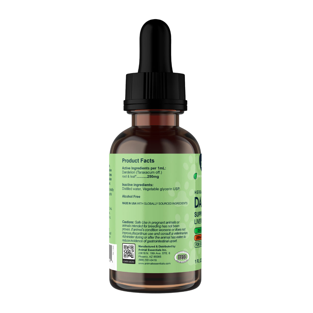 A 2oz brown glass dropper bottle of Animal Essentials | Dandelion Single Herb Tonic, featuring a green label with supplement facts, QR codes, and a dropper cap. The back of the bottle displays visible text and ingredients for this organic herbal supplement, ideal for pet liver support or as a dandelion tonic.