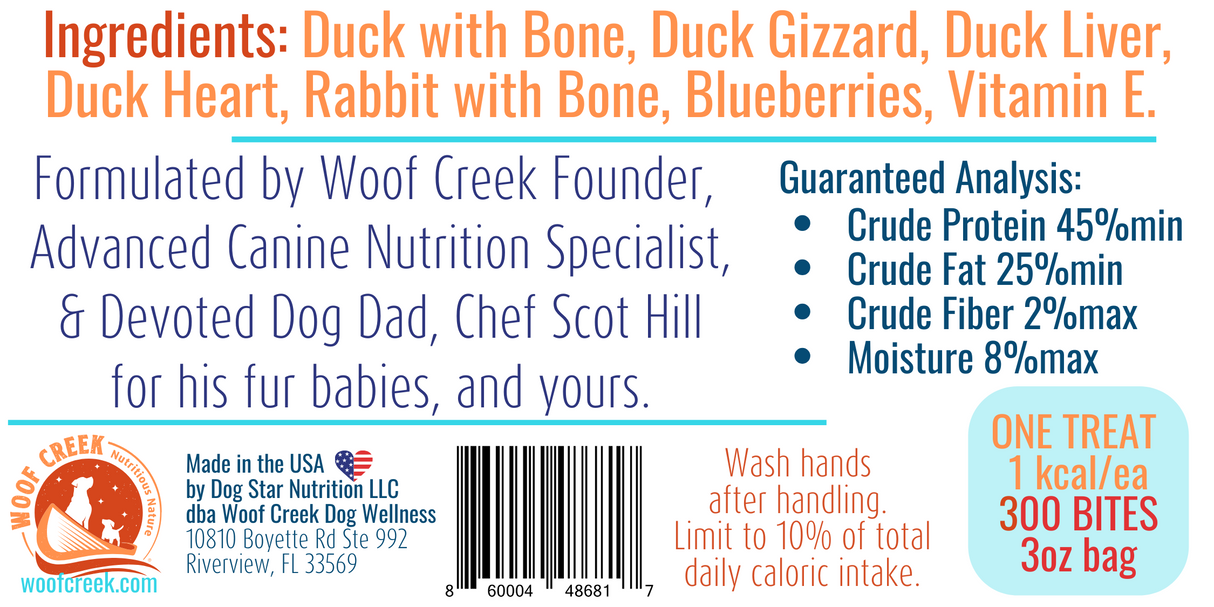 Woof Creek Natural Duck Bites w/Rabbit + Blueberries | for Dogs + Cats
