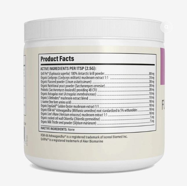 A white supplement container of Real Mushrooms | Functional Feline Powder displays a label listing active ingredients, including krill powder, mushroom extracts, and herbal powders with their amounts per serving. Specially formulated as a mushroom supplement for cats, this functional feline powder is designed to support cat immune health. The inactive ingredients section is also visible.