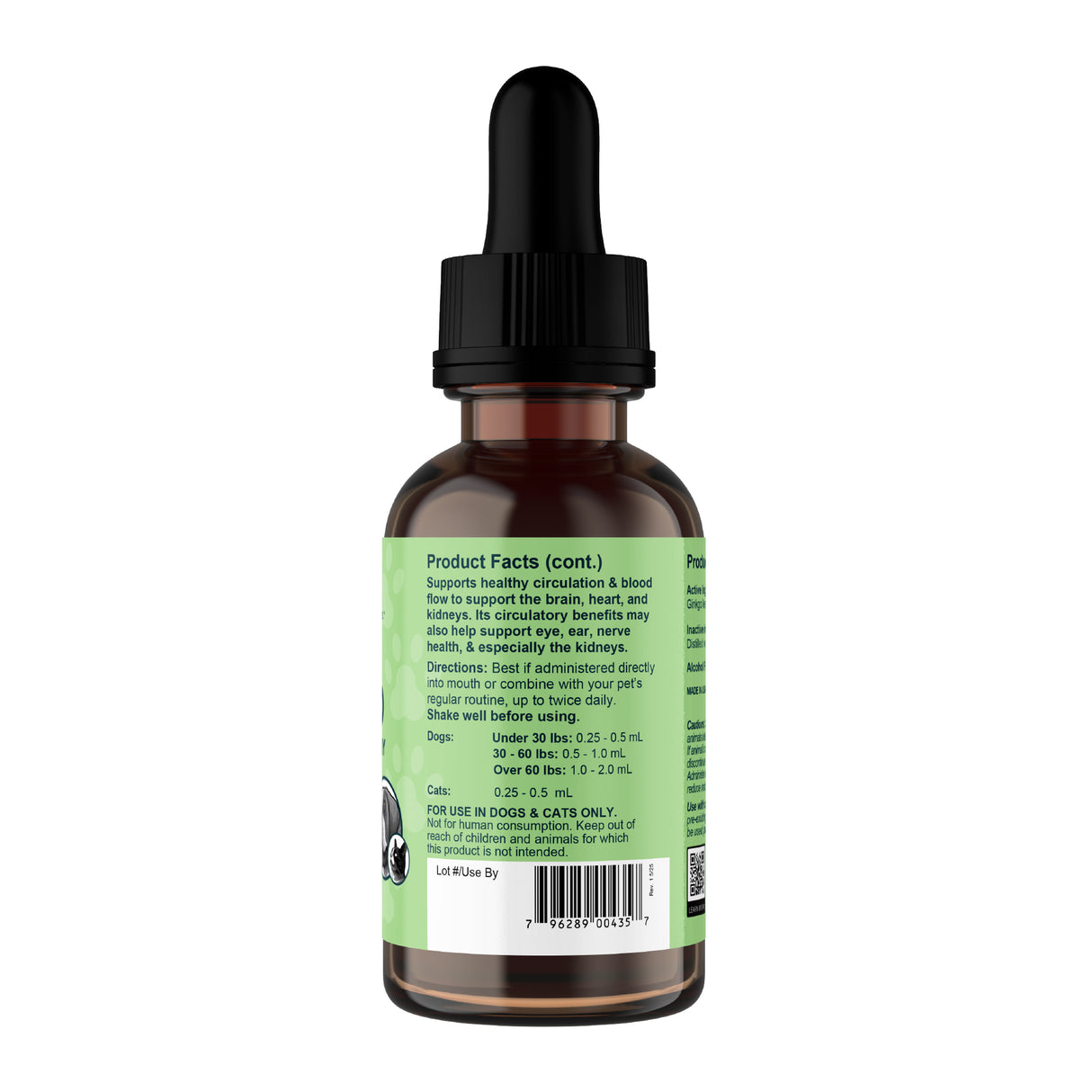 A brown glass dropper bottle with a black cap, featuring a green label that displays product facts, usage directions, and a barcode. The label indicates the product is Animal Essentials | Ginkgo Single Herb Tonic - 2oz, formulated for use in dogs and cats only. It highlights its benefits as a pet memory supplement, offering cognitive support for dogs with ingredients like ginkgo biloba for pets.