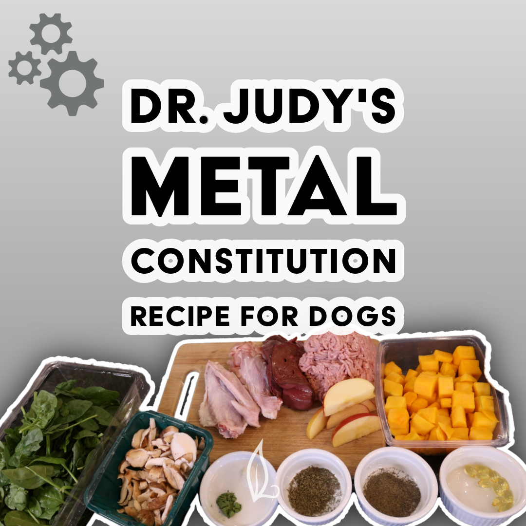 Ingredients for Dr. Judy's Metal Constitution Recipe—meat, liver, spices, chopped veggies, pumpkin, spinach, and mushrooms—are arranged on a table below the text “Dr. Judy's Metal Constitution Recipe” with gear icons displayed above. Explore this balanced dog recipe PDF to offer wholesome nutrition guided by Dr. Judy’s expert formulation.