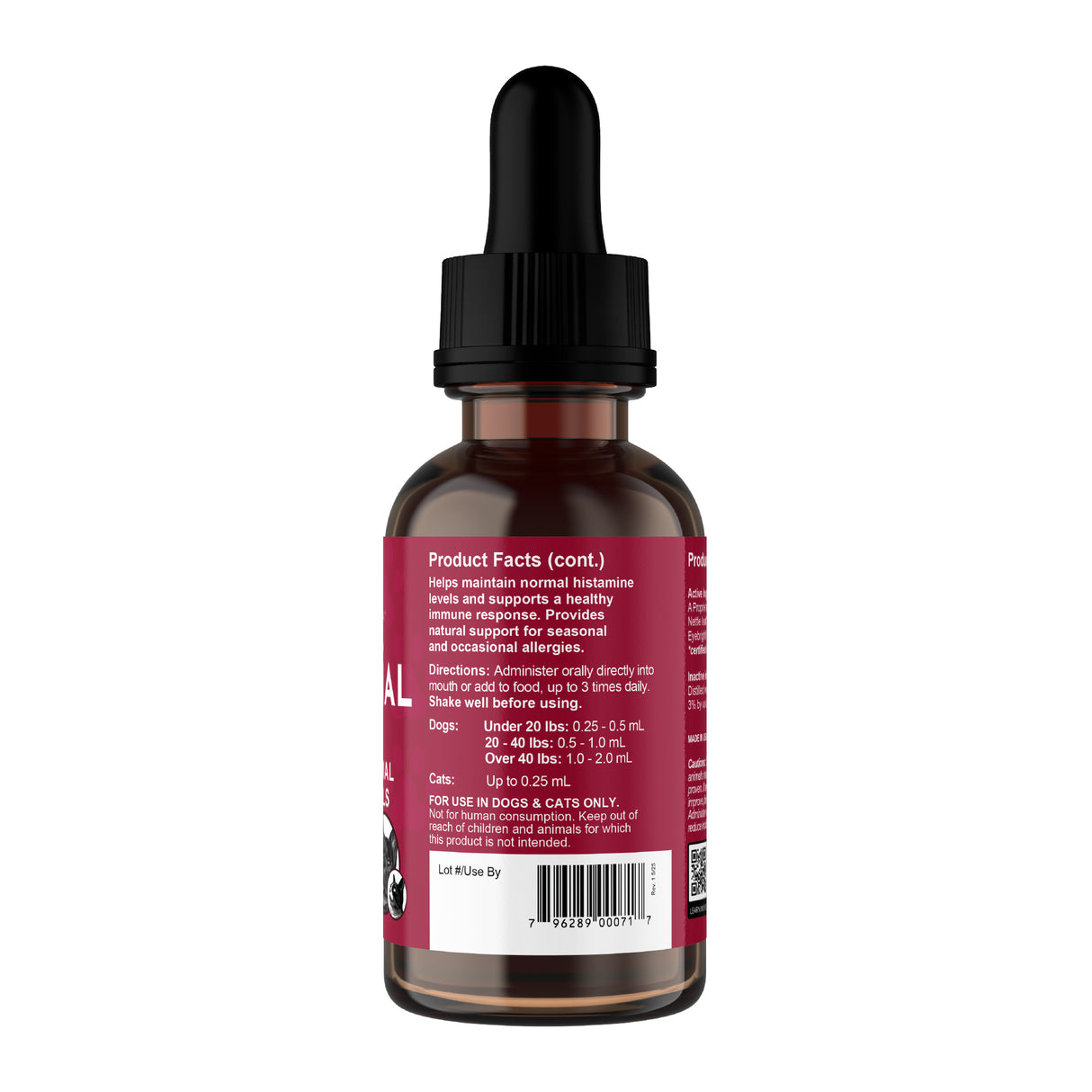 A 2oz Animal Essentials Seasonal Allergy Herbal Tonic comes in a brown glass dropper bottle with a black cap and a red label featuring white text detailing product facts, directions, and dosage for dogs and cats. Specially formulated to provide natural immune support for effective pet allergy relief, the barcode appears at the bottom of the label.