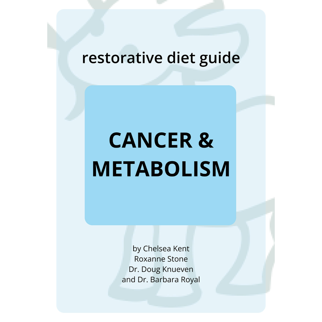 PDF cover titled Cancer Diet Guide from Solutions Pet Products by Chelsea Kent, Roxanne Stone, Dr. Doug Knueven, and Dr. Barbara Royal. Features a light blue background with simple goat line drawing.