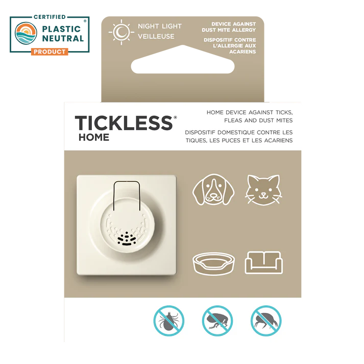 The packaging for Tickless Home | Ultrasonic Dust Mite, Flea, & Tick Repellent for Dogs & Cats showcases a sleek white ultrasonic plug-in device, highlighted by icons of a dog, a cat, and a bed. The text indicates its effectiveness in repelling ticks and fleas as well as addressing dust mite allergies in pets. A Certified Plastic Neutral Product badge is prominently displayed in the top left corner.