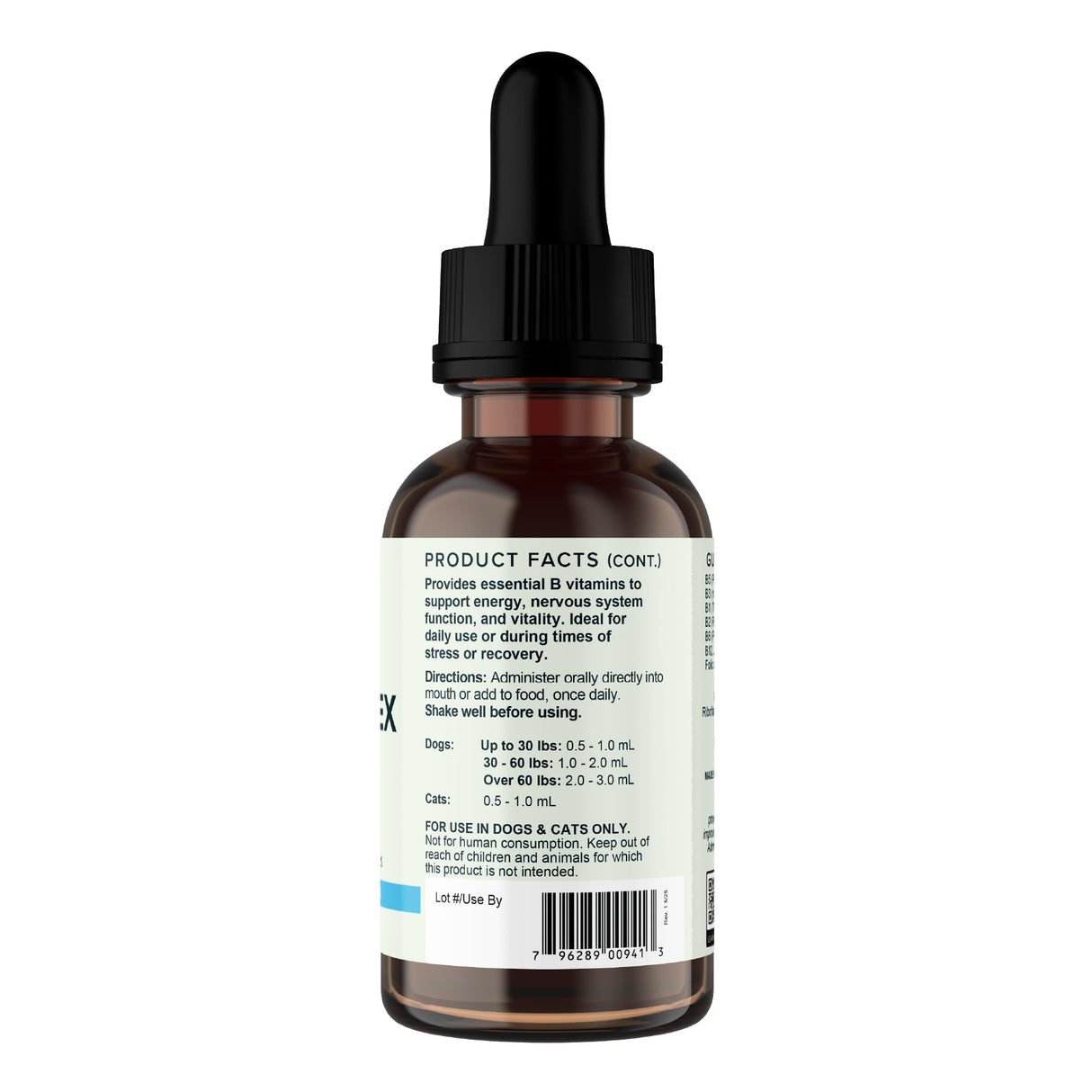 A brown dropper bottle labeled “Veterinarian’s Apawthecary | B Complex Liquid Vitamins for Dogs & Cats - 2oz” displays dosage instructions, product information for a pet supplement formulated to support energy with B vitamins for pets, directions for use, and a barcode at the bottom.