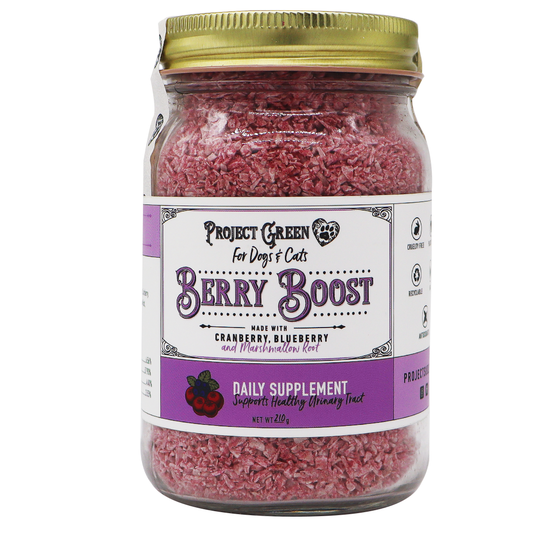 A 210g jar of Project Sudz | Berry Boost Urinary Support for Dogs and Cats, featuring pink, flaky contents and a white label with purple accents, formulated with wholesome cranberry, blueberry, and marshmallow root ingredients.