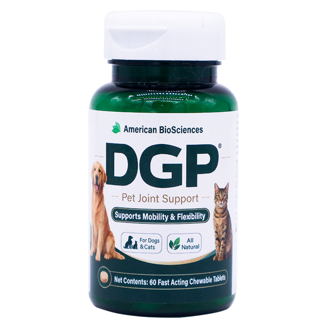 A green plastic bottle of Dog Gone Pain veterinarian-recommended joint support tablets, featuring images of a dog and a cat, text indicating it supports mobility and flexibility for both animals, and a count of 60 chewable tablets.
