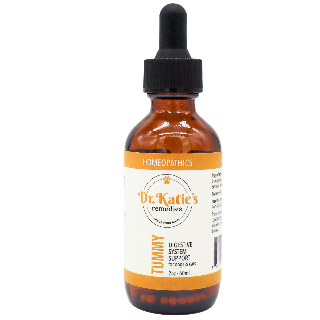 Amber glass dropper bottle of Dr. Katie’s Remedies | Tummy - Digestive System Support, a homeopathic remedy for dogs and cats.
