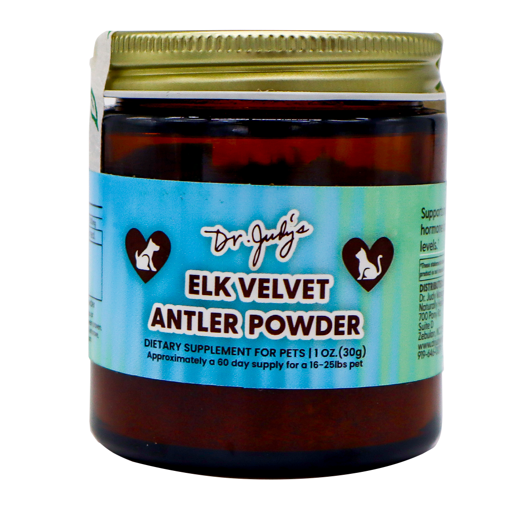 A brown jar labeled Dr. Judy's Elk Velvet Antler Powder - 30g, with a gold lid and a light blue label featuring heart icons with animal silhouettes, offers natural joint support and is rich in IGF-1 to help promote vitality in dogs and cats.