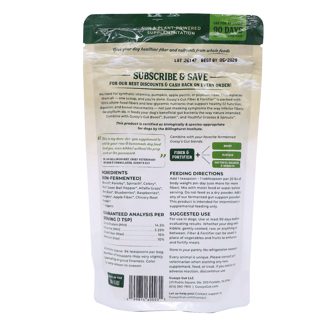 The back of a Gussy’s Gut | Fiber & Fortifier for Dogs - 10oz package displaying feeding directions, ingredients, guaranteed analysis, and subscription savings details. Specially formulated as a whole-food fiber supplement to support dog gut health and overall well-being, the package features a white background with green and black text.
