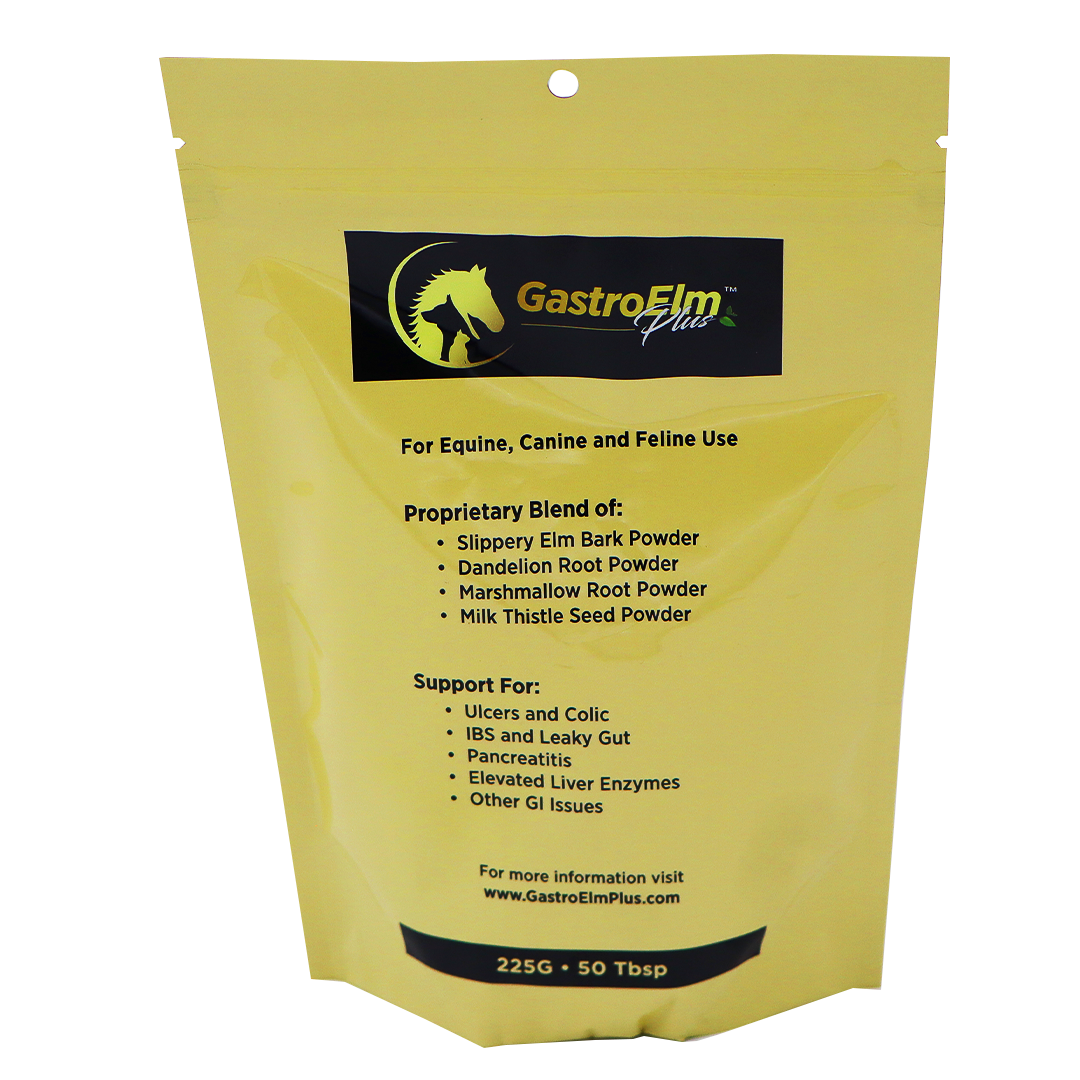 A yellow pouch labeled GastroElm Plus Digestive Support for horses, dogs, and cats, featuring ingredients such as Slippery Elm Bark Powder and dandelion root, designed to help with sensitive stomach relief for pets—including support for ulcers, IBS, pancreatitis, and more.