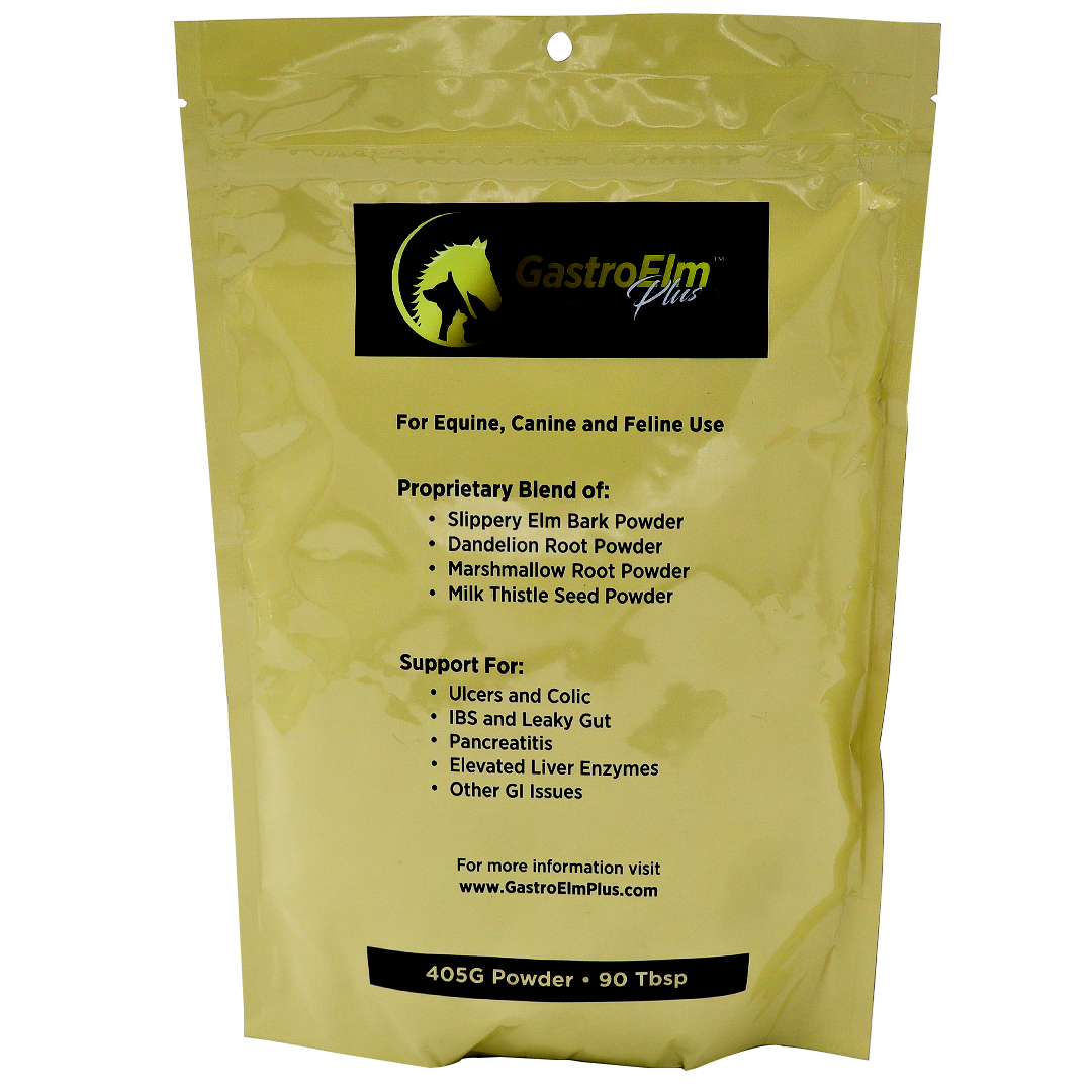 A yellow bag labeled GastroElm Plus Digestive Support for equine, canine, and feline use, listing ingredients like Slippery Elm Bark Powder and providing sensitive stomach relief for pets with digestive issues. The package contains 405g of powder, equivalent to 90 tablespoons.