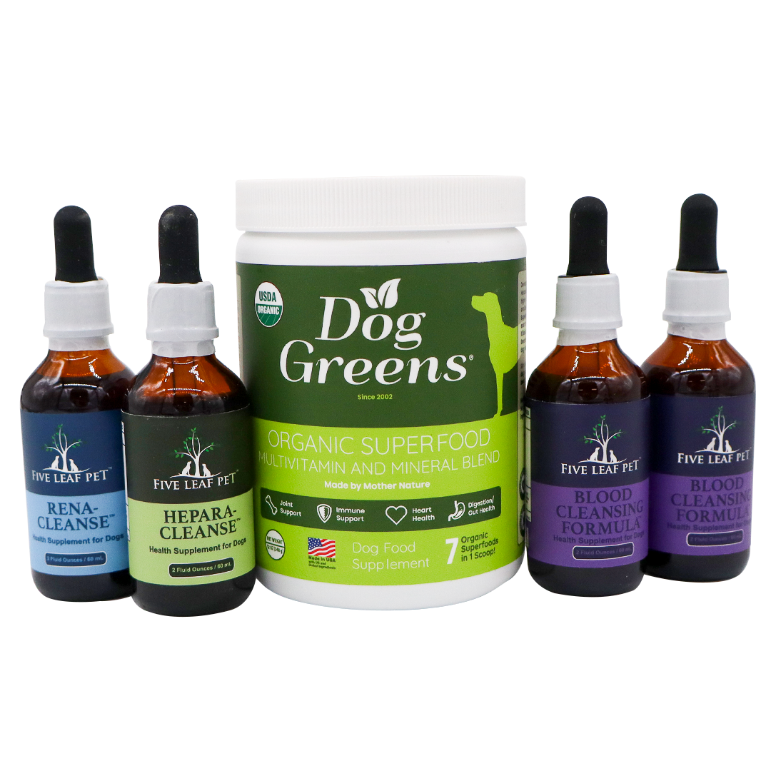 Five Leaf Botanicals | Canine Kidney Health Program featuring a large tub of organic supplement powder flanked by two bottles of Rena-Cleanse and Hepara-Cleanse on the left and two bottles of Blood Cleansing Formula on the right.