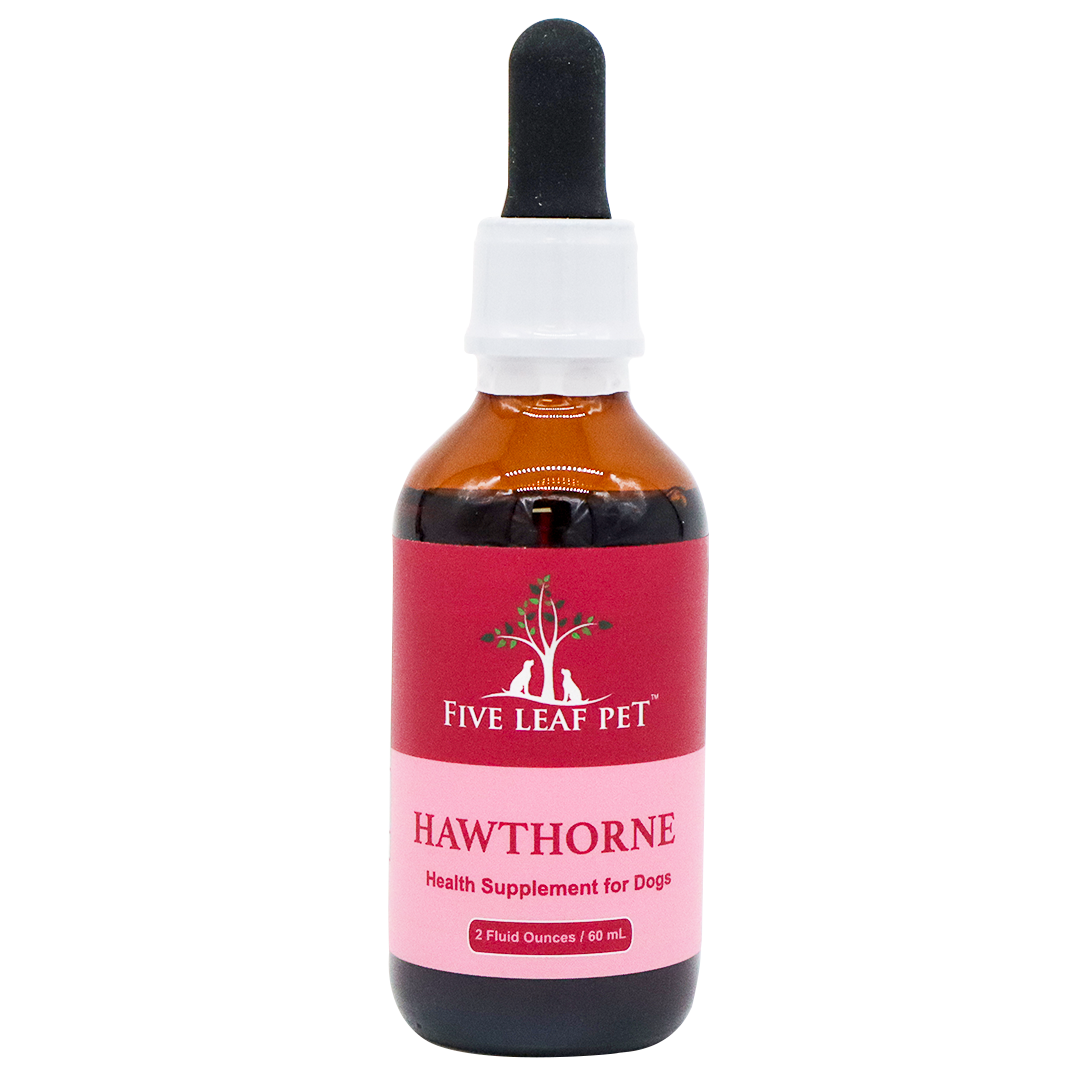 A brown glass dropper bottle labeled Five Leaf Botanicals | Hawthorne Tincture for Dogs, 2 fluid ounces (60 mL), with a red and pink label featuring a tree and two animals. This supplement contains wild harvested hawthorne to support your pet’s overall wellness.