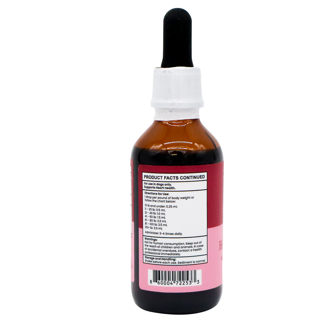 A brown glass dropper bottle with a white and black cap, bearing a label that displays dosage instructions, a barcode, and partially readable text identifying the product as Five Leaf Botanicals | Hawthorne Tincture. The plain white background highlights this organic hawthorn berry tincture.
