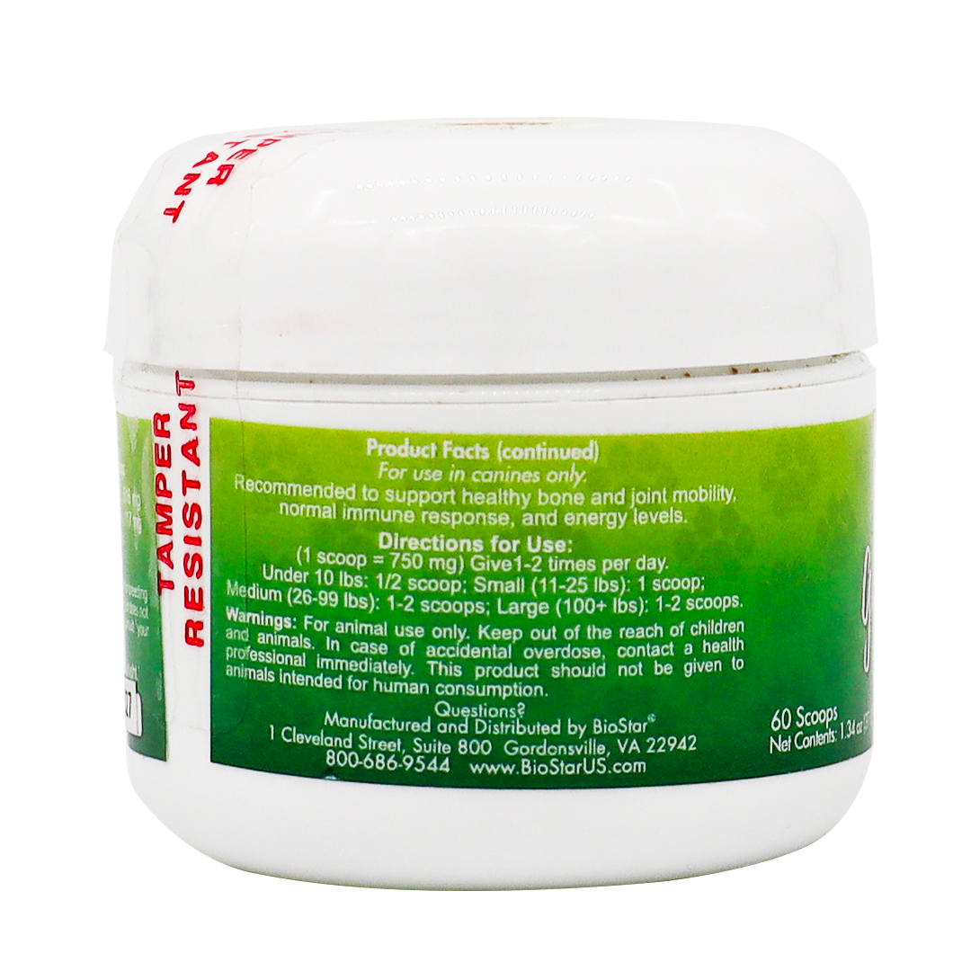 A white container of Biostar Garden Juvenate K9 featuring a green label that provides directions for use, dosage instructions, cautionary statements, and manufacturer details for this canine supplement. The label notes that the product is not for human consumption and displays the BioStar name.