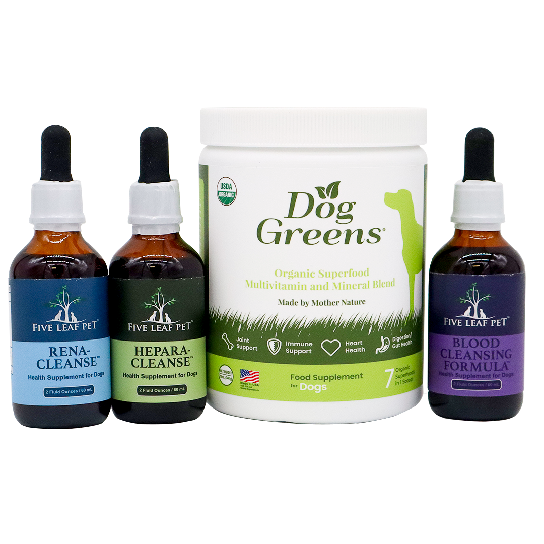 Four pet supplement products—including two Five Leaf Botanicals dropper bottles labeled Rena-Cleanse and Hepara-Cleanse, one Blood Cleansing Formula, and a white tub of Dog Greens organic superfood for dogs—make up the Five Leaf Botanicals Canine Kidney Health Program. Each item is formulated to promote overall wellness and provide herbal kidney support formulas ideal for canine kidney health.