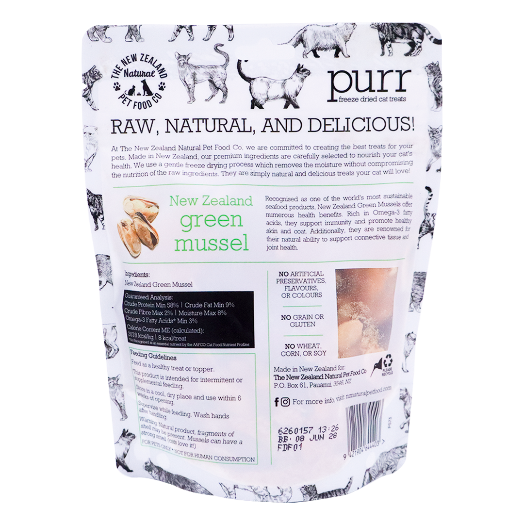 A bag of Purr Green Lipped Mussel Treats featuring cat illustrations, product information, feeding guidelines, and an image of the freeze-dried mussels.