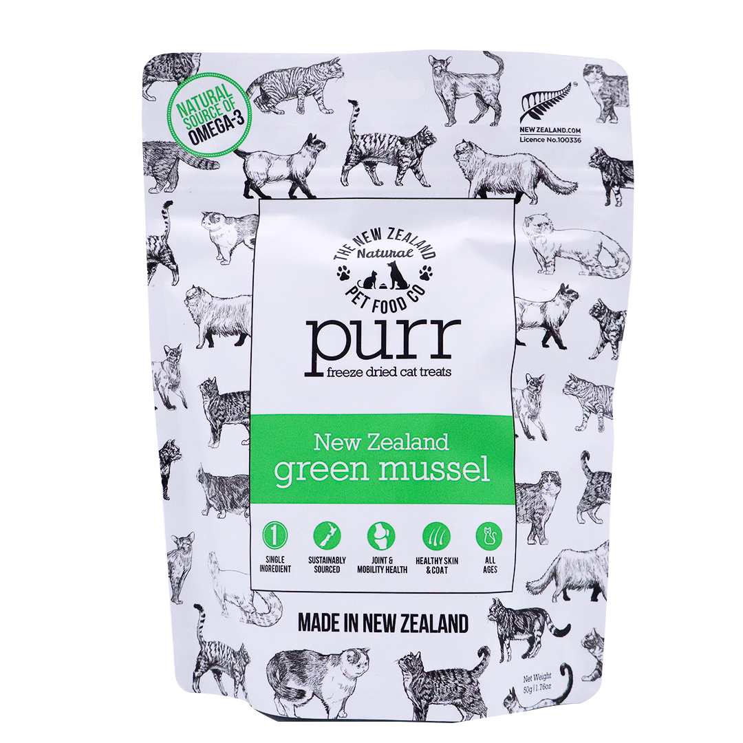 A pouch of Purr Green Lipped Mussel Treats, patterned with black and white cat illustrations and featuring a green label.