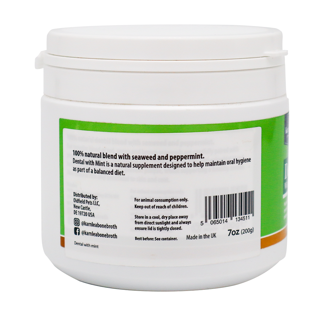 KarnLea | Dental with Mint Powder - 200g comes in a white container with a green and white label. Made from 100% natural seaweed and peppermint, simply sprinkle over food to support your pet’s oral hygiene as part of a balanced diet.