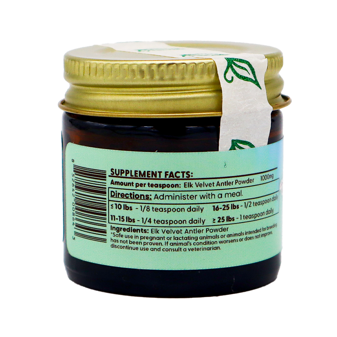 Dr. Judy's Elk Velvet Antler Powder for Small Dogs – 7g comes in a small brown jar with a gold lid and features a label listing supplement facts, directions, and ingredients to help you determine the right dosage by pet weight—perfect for providing natural joint support for dogs.