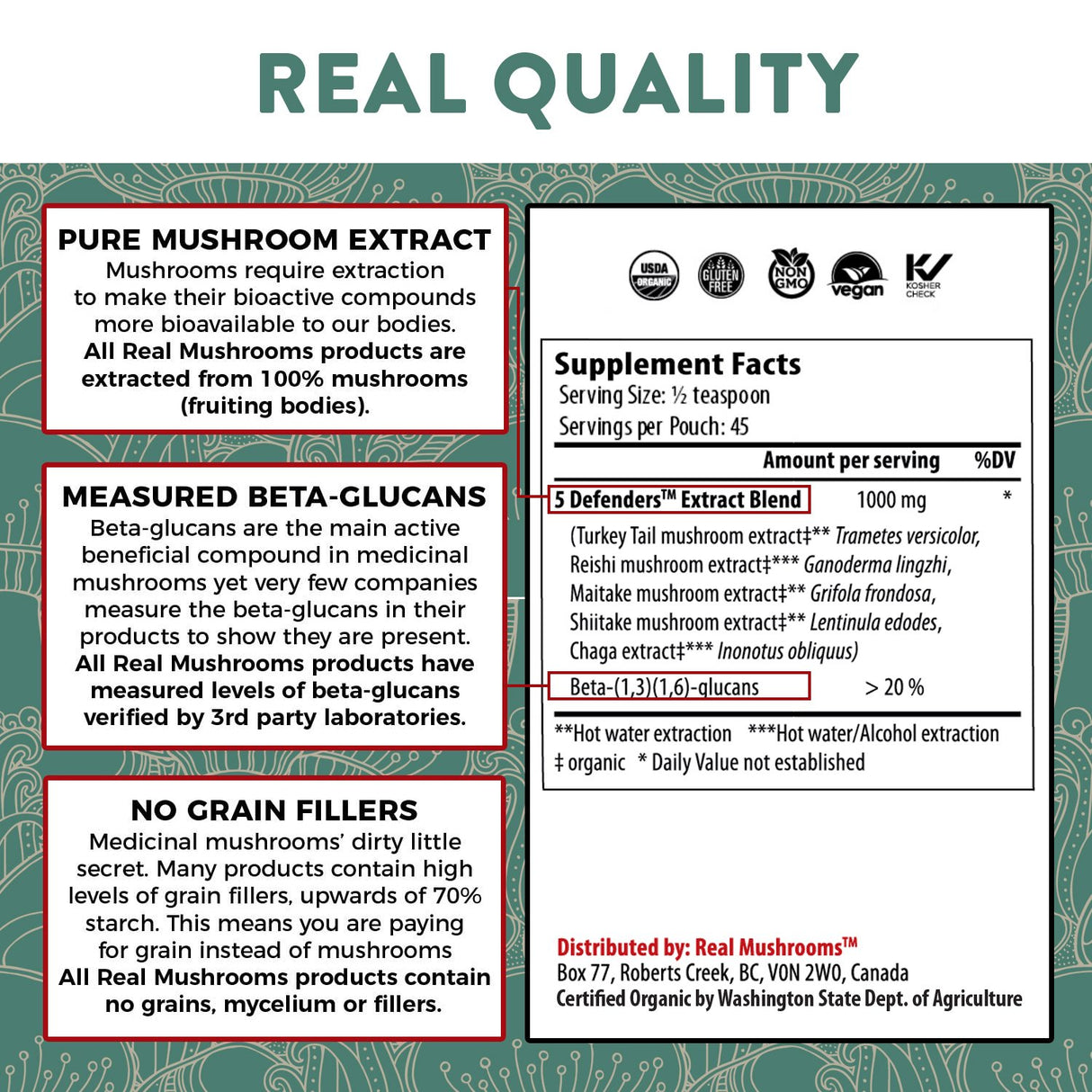 Real Mushrooms | 5 Defenders™ Mushroom Complex Powder - 45g