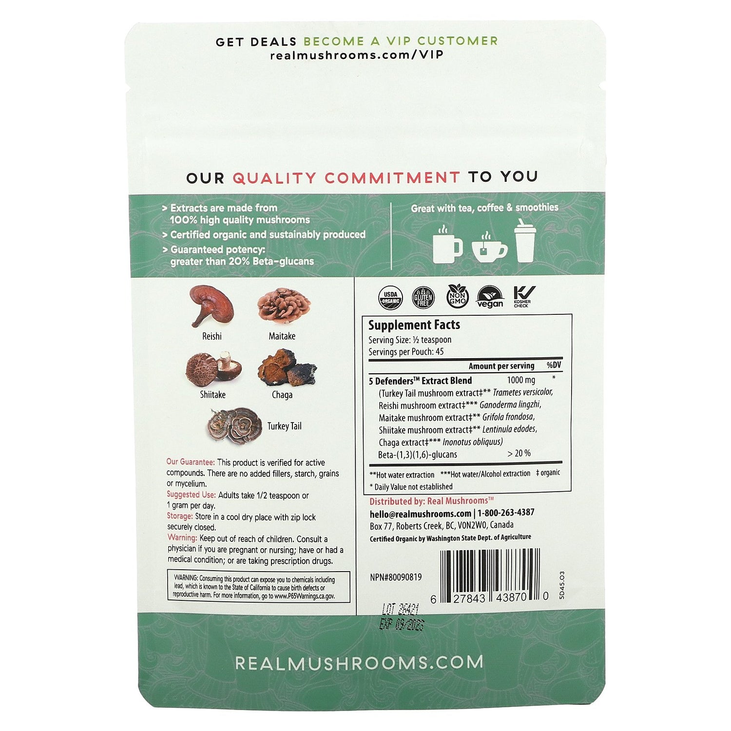 Real Mushrooms | 5 Defenders™ Mushroom Complex Powder - 45g