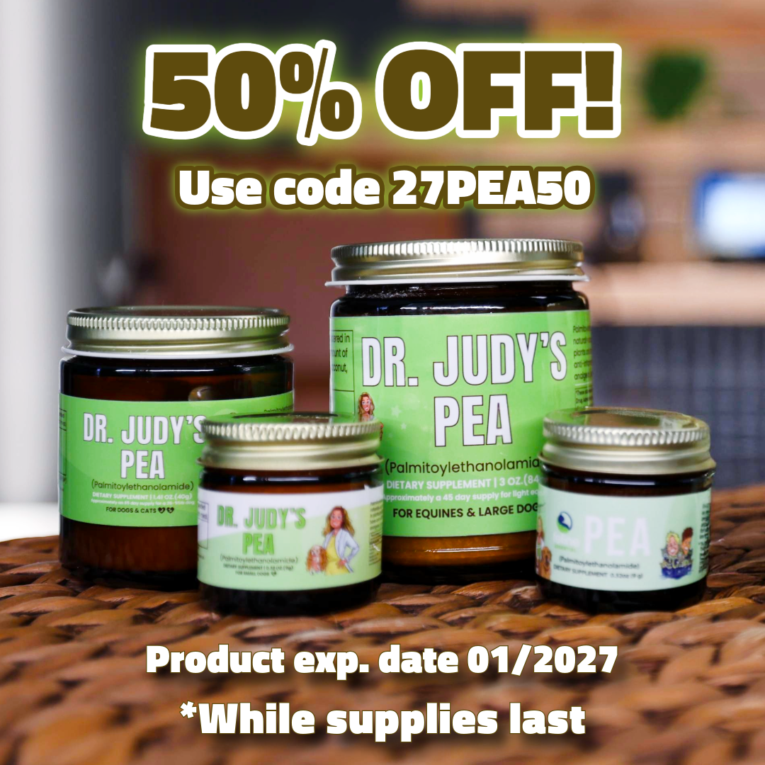 Four jars of Dr. Judys PEA supplement on a wooden surface with bold text: 50% OFF! Use code 27PEA50. Product exp. date 01/2027 *While supplies last..