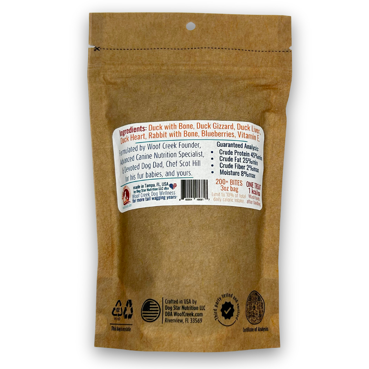 Woof Creek Natural Duck Bites w/Rabbit + Blueberries | for Dogs + Cats