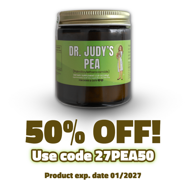 A jar labeled Dr. Judy’s PEA (Palmitoylethanolamide) – 40g, featuring a 50% OFF offer on this premium supplement made with OptiPEA. Use code 27PEA50 to save. Product expires 01/2027. Suitable for dogs and cats.