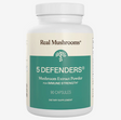 A white bottle labeled Real Mushrooms | 5 Defenders™ Organic Mushroom Blend Capsules for Humans - 90 Count features a teal and cream-colored label, emphasizing this potent mushroom complex that is expertly formulated to support immune health with high-quality functional mushrooms.
