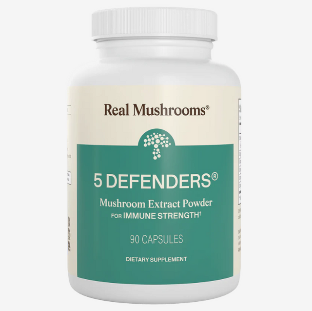 A white bottle labeled Real Mushrooms | 5 Defenders™ Organic Mushroom Blend Capsules for Humans - 90 Count features a teal and cream-colored label, emphasizing this potent mushroom complex that is expertly formulated to support immune health with high-quality functional mushrooms.