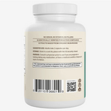 A white supplement bottle labeled with usage instructions, a barcode, and warnings. The text indicates it contains Real Mushrooms | 5 Defenders™ Organic Mushroom Blend Capsules for Humans (90 count), formulated for immune support, and advises taking two capsules daily.