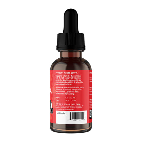 A brown glass dropper bottle with a black cap and a red label featuring product facts, directions, dosage instructions, and a barcode. The label states the product—Animal Essentials | Alfalfa Single Herb Tonic - 2oz—is intended for use in dogs and cats only, and promotes its benefits as a pet digestive support formula made with alfalfa.