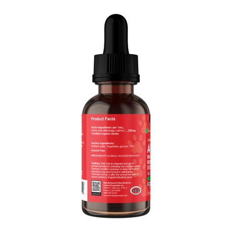 Animal Essentials | Alfalfa Single Herb Tonic - 2oz comes in a brown glass dropper bottle with a black cap and a red label featuring product facts, ingredients, and a QR code. The label emphasizes that it is alcohol-free and made with organic alfalfa for pets. As a dietary supplement, this tonic provides ideal support for your pet’s digestive health.