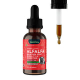 A 2 fl oz bottle of Animal Essentials | Alfalfa Single Herb Tonic for dogs and cats, featuring a dropper and a droplet of liquid beside it. The label emphasizes its benefits as a joint mobility supplement and digestive support for pets, making it an excellent source of alfalfa.