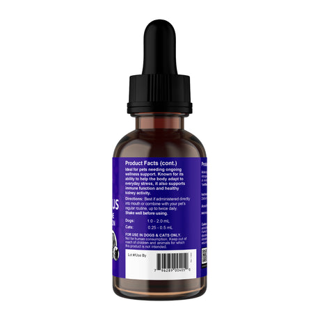 A brown glass dropper bottle with a black cap and a purple label displays product facts and dosing instructions for pets. Animal Essentials | Astragalus Single Herb Tonic - 2oz is an alcohol-free liquid designed to support immune health in both dogs and cats, with clear usage directions provided on the label, which also features a barcode for easy reference.