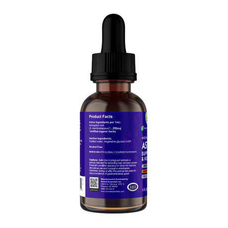 A brown glass dropper bottle of Animal Essentials | Astragalus Single Herb Tonic - 2oz features a purple label with product facts, supplement ingredients, and usage directions. This alcohol-free liquid formula is specially crafted to support immune health for pets. The bottle comes with a black dropper cap.