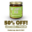 A jar labeled Dr. Judy’s Bulk PEA for Equines & Large Dogs - 84g dietary supplement with text: 50% OFF! Use code 27PEA50. Contains Palmitoylethanolamide (PEA) for inflammatory support. Product expiration date 01/2027. For equines and large dogs.