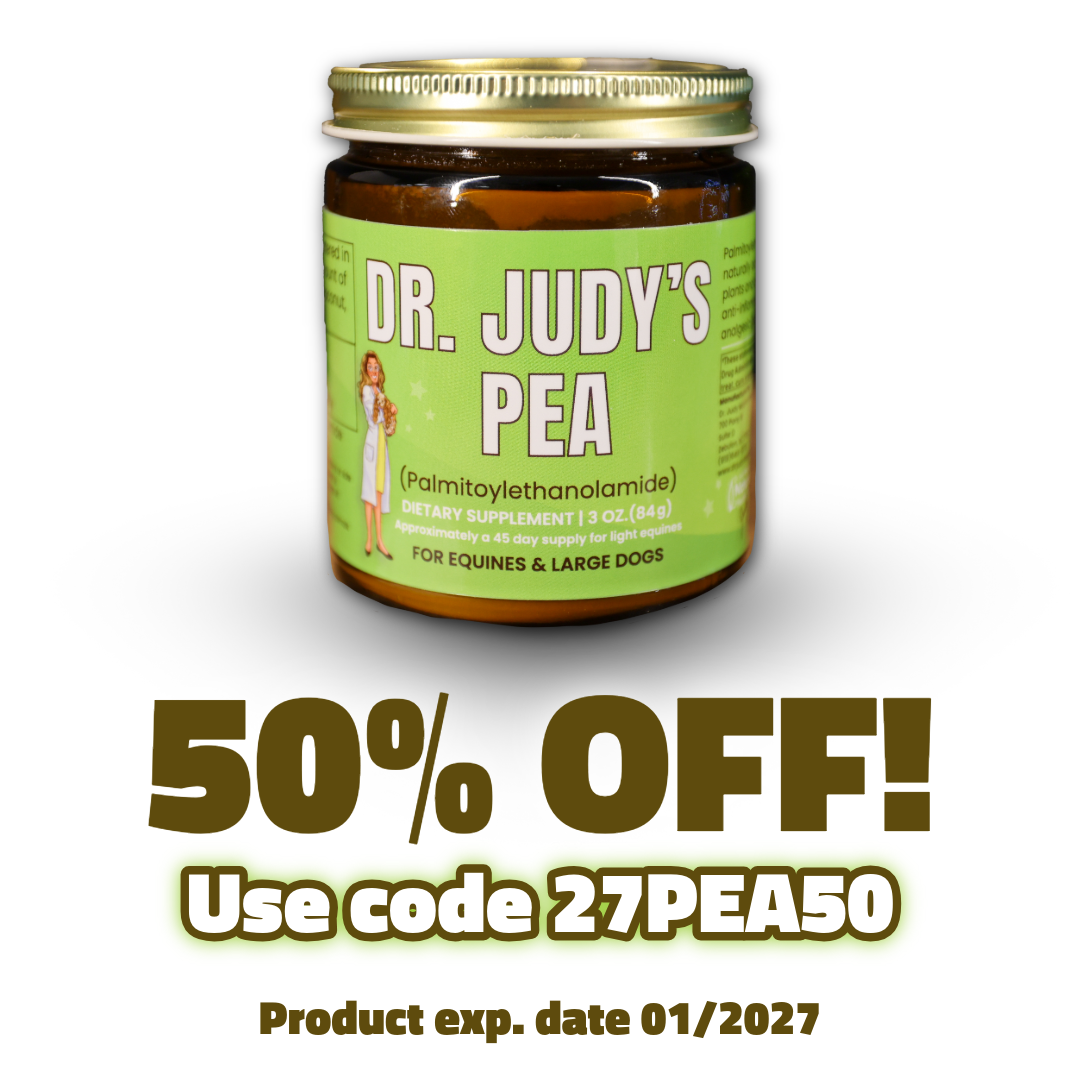 A jar labeled Dr. Judy’s Bulk PEA for Equines & Large Dogs - 84g dietary supplement with text: 50% OFF! Use code 27PEA50. Contains Palmitoylethanolamide (PEA) for inflammatory support. Product expiration date 01/2027. For equines and large dogs.