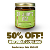 A jar labeled Dr. Judy’s Bulk PEA for Equines & Large Dogs - 84g dietary supplement with text: 50% OFF! Use code 27PEA50. Contains Palmitoylethanolamide (PEA) for inflammatory support. Product expiration date 01/2027. For equines and large dogs.