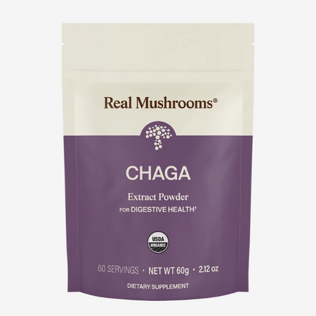 A pouch labeled Real Mushrooms | Organic Siberian Chaga Extract Powder – 60g, USDA organic, 60 servings. The cream and purple pack delivers potent chaga mushroom extract rich in beta-glucans for digestive health.