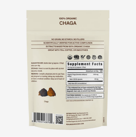 Back view of a beige package labeled Real Mushrooms | Organic Siberian Chaga Extract Powder – 60g, showing supplement facts, usage instructions, beta-glucans info, and certification details.