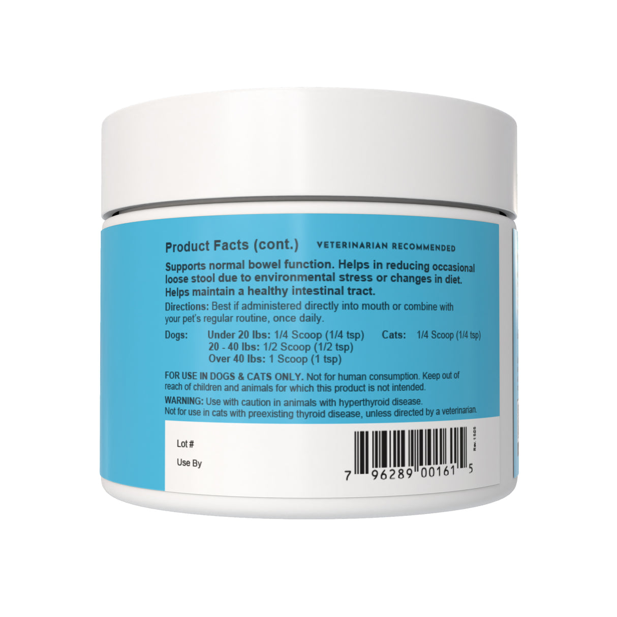 Animal Essentials | Colon Rescue Herbal Digestion Powder - 1oz comes in a white container with a blue label featuring product facts, dosage instructions tailored by dog weight, a caution note for dogs and cats, and a barcode. The label highlights digestive support for pets, promoting solid stools, supporting healthy bowel function, and helping reduce loose stool.