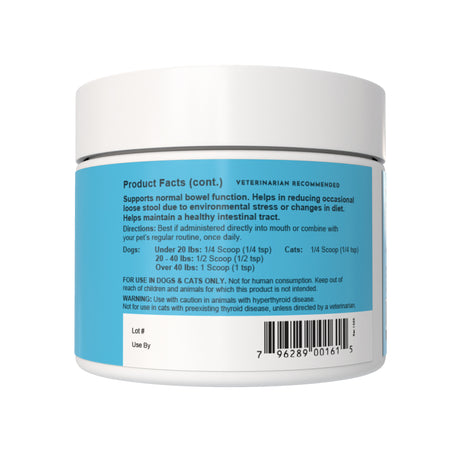 Animal Essentials | Colon Rescue Herbal Digestion Powder - 1oz comes in a white container with a blue label featuring product facts, dosage instructions tailored by dog weight, a caution note for dogs and cats, and a barcode. The label highlights digestive support for pets, promoting solid stools, supporting healthy bowel function, and helping reduce loose stool.