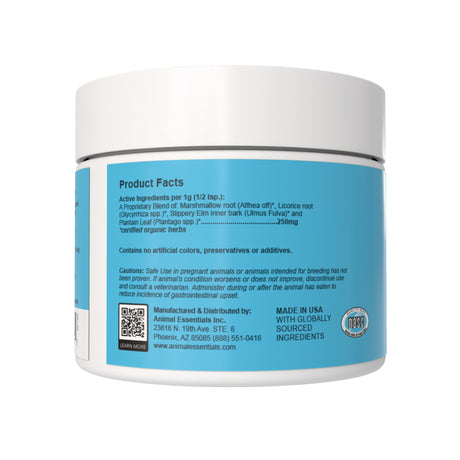 Animal Essentials | Colon Rescue Herbal Digestion Powder - 1oz comes in a white plastic jar featuring a label with blue and black text. The label includes product facts, ingredient information, distributor contact details, a QR code, and a seal indicating “Made in USA with Globally Sourced Ingredients.” Specially formulated for digestive support in pets, this lower GI formula promotes healthy digestion and helps maintain firm stools.