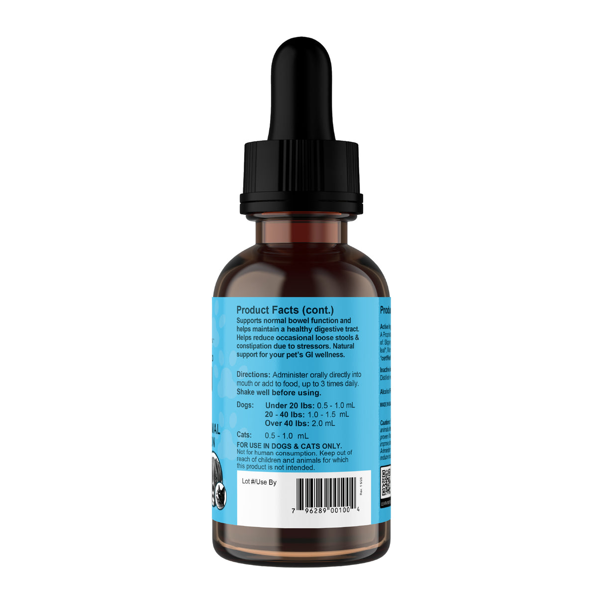 A brown glass dropper bottle with a black cap, featuring a blue label for Animal Essentials | Colon Rescue Herbal Tonic - 2oz. The label displays visible instructions for dog and cat dosage, along with product information that highlights its gentle formula, designed to provide sensitive stomach relief and effective digestive support for pets.