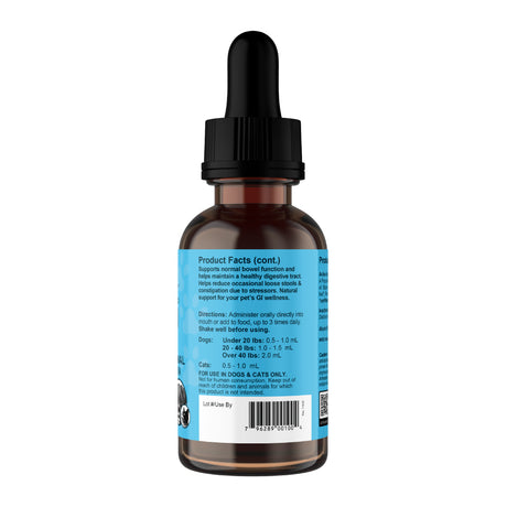 A brown glass dropper bottle with a black cap, featuring a blue label for Animal Essentials | Colon Rescue Herbal Tonic - 2oz. The label displays visible instructions for dog and cat dosage, along with product information that highlights its gentle formula, designed to provide sensitive stomach relief and effective digestive support for pets.